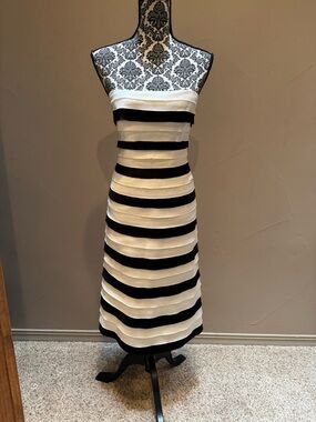 BCBG Strapless Black and White Stripe Midi Dress